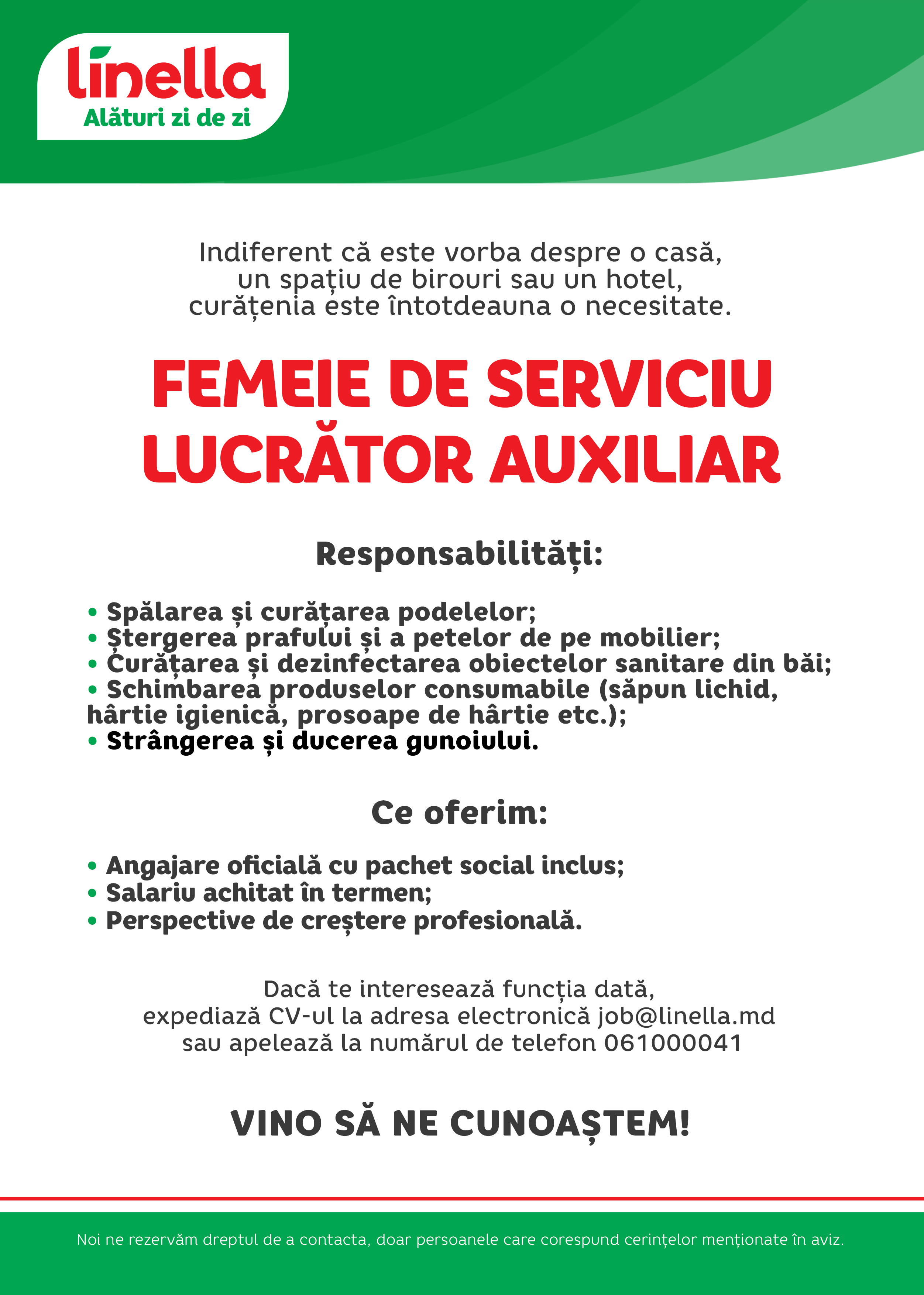 Femeie de serviciu/Muncitor auxiliar
